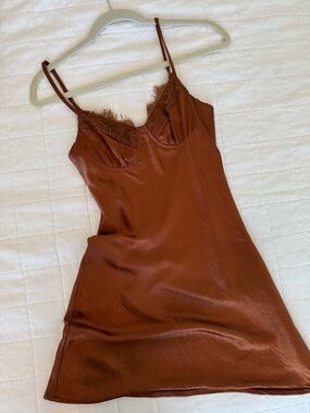 Verge Girl Copper Satin Lace Slip Dress